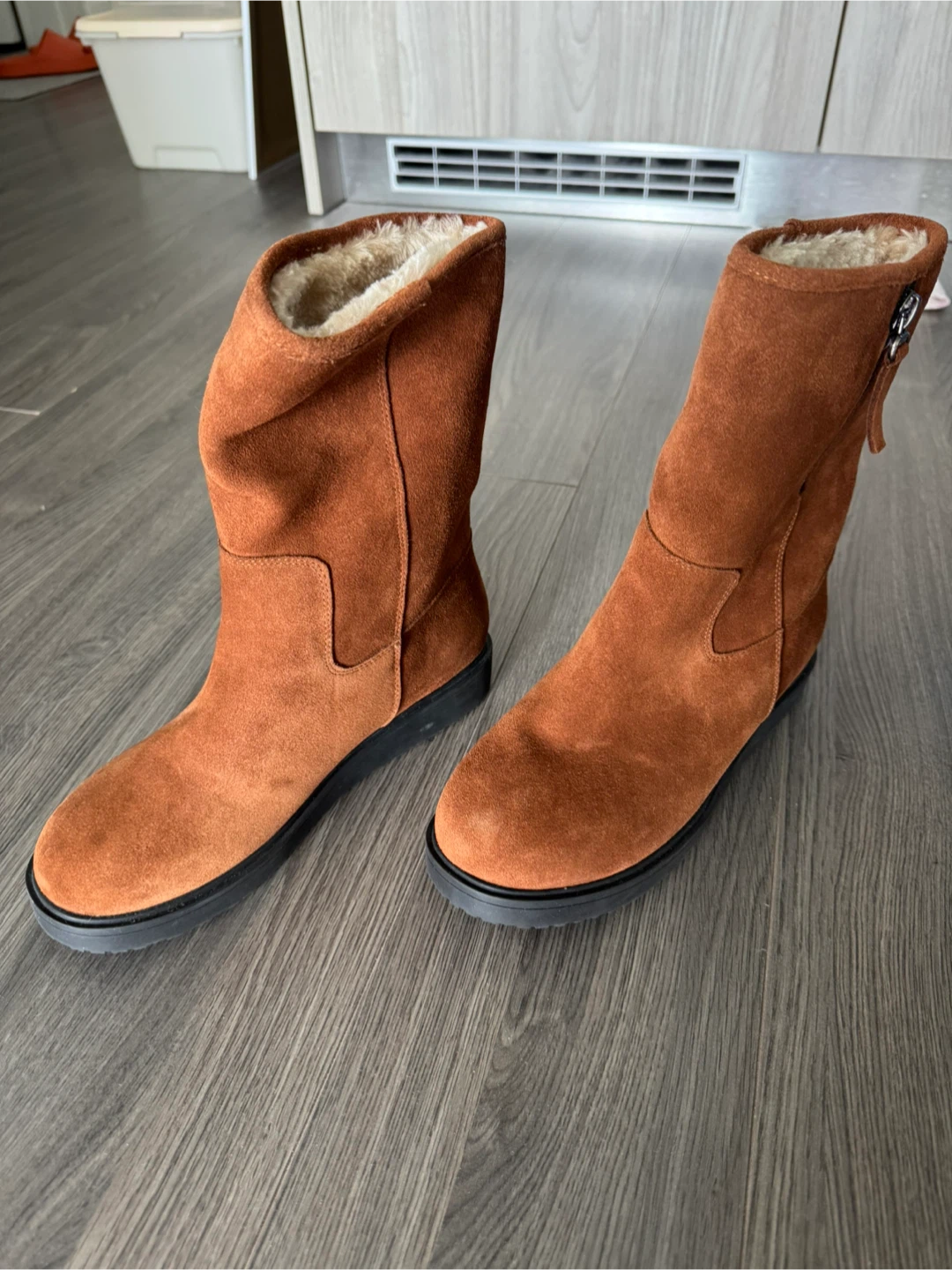 Ladies Brown Suede Fur Lined Mid Winter Boots