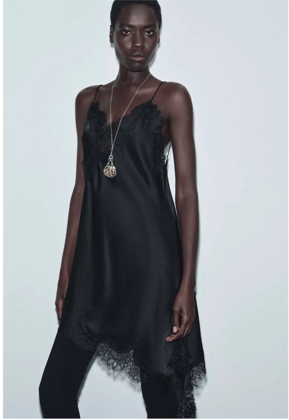 Asymmetric Black Slip Dress with Lace Trim