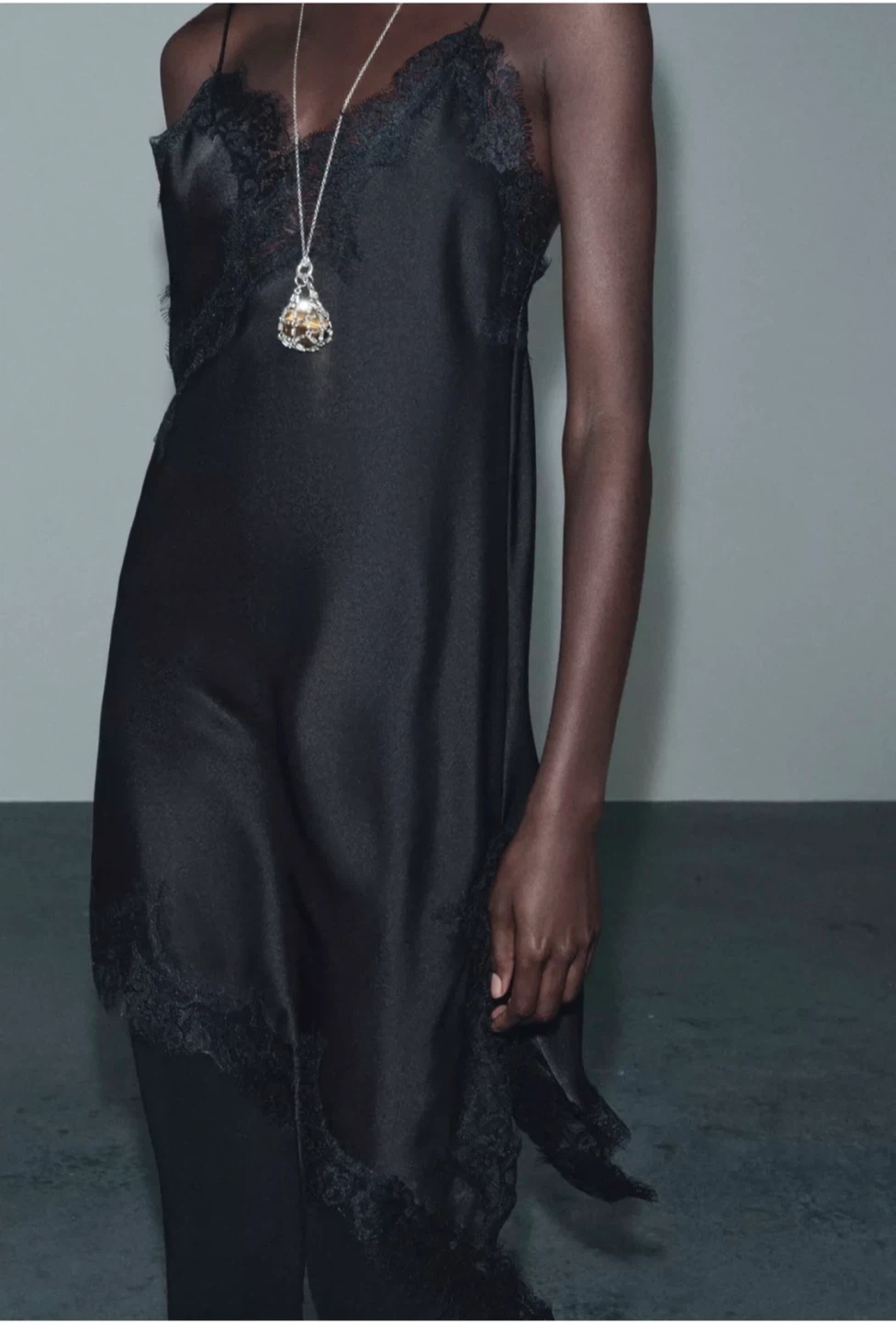 Asymmetric Black Slip Dress with Lace Trim - photo 2