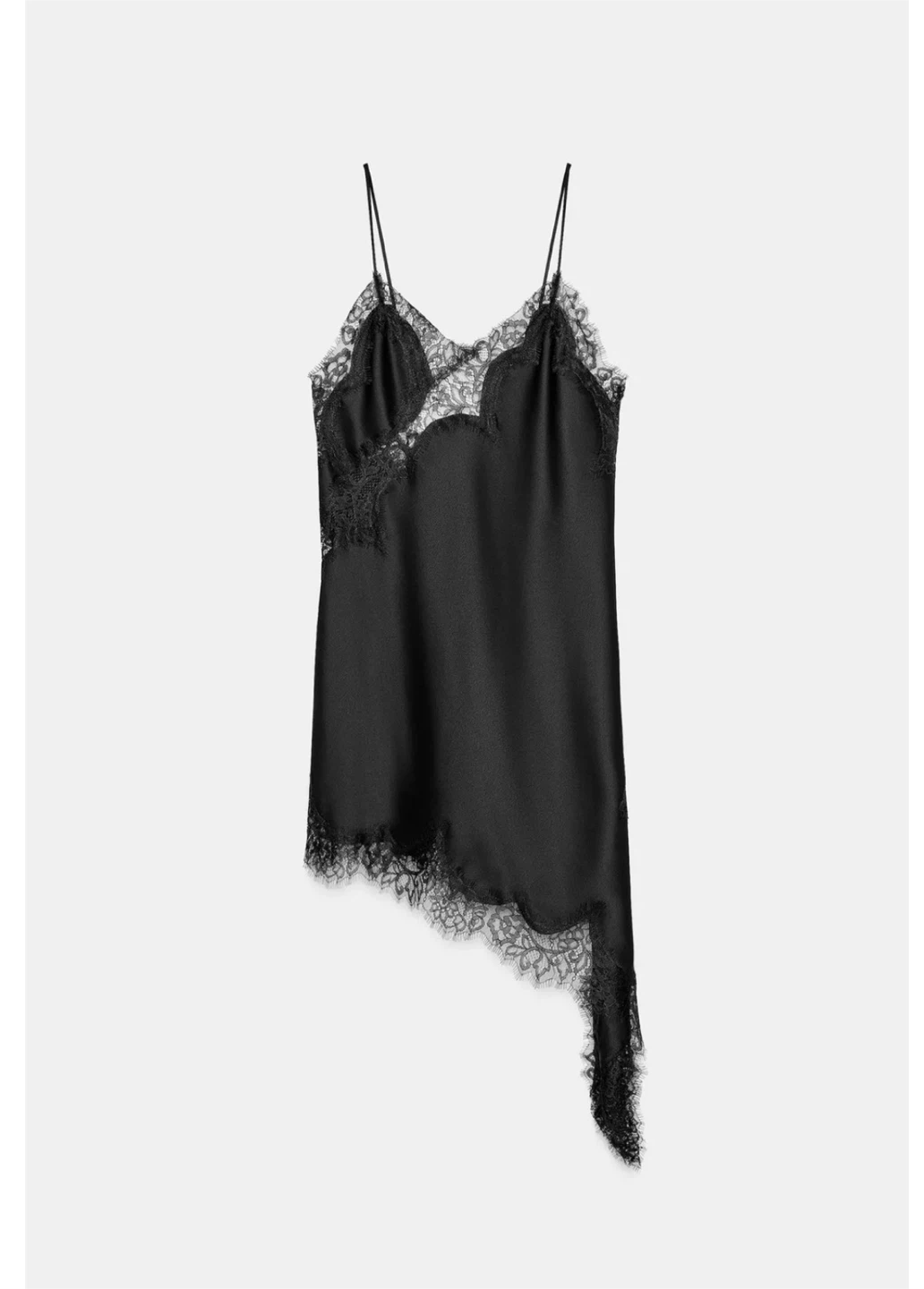 Asymmetric Black Slip Dress with Lace Trim - photo 3