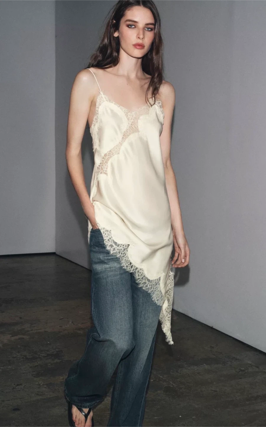 Asymmetric Black Slip Dress with Lace Trim - photo 4