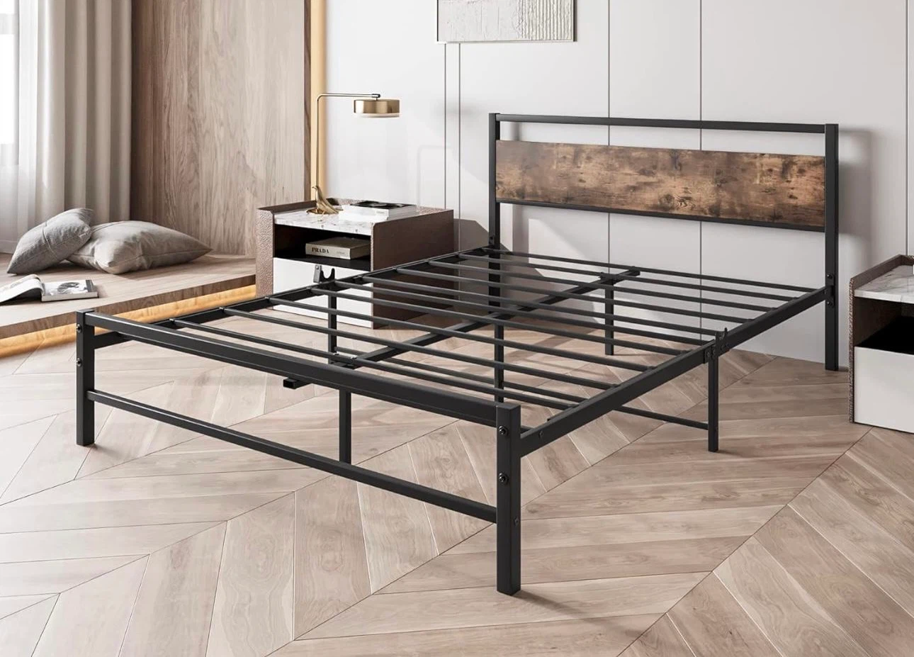 Move out: Industrial Style Metal Bed Frame with Wood Headboard