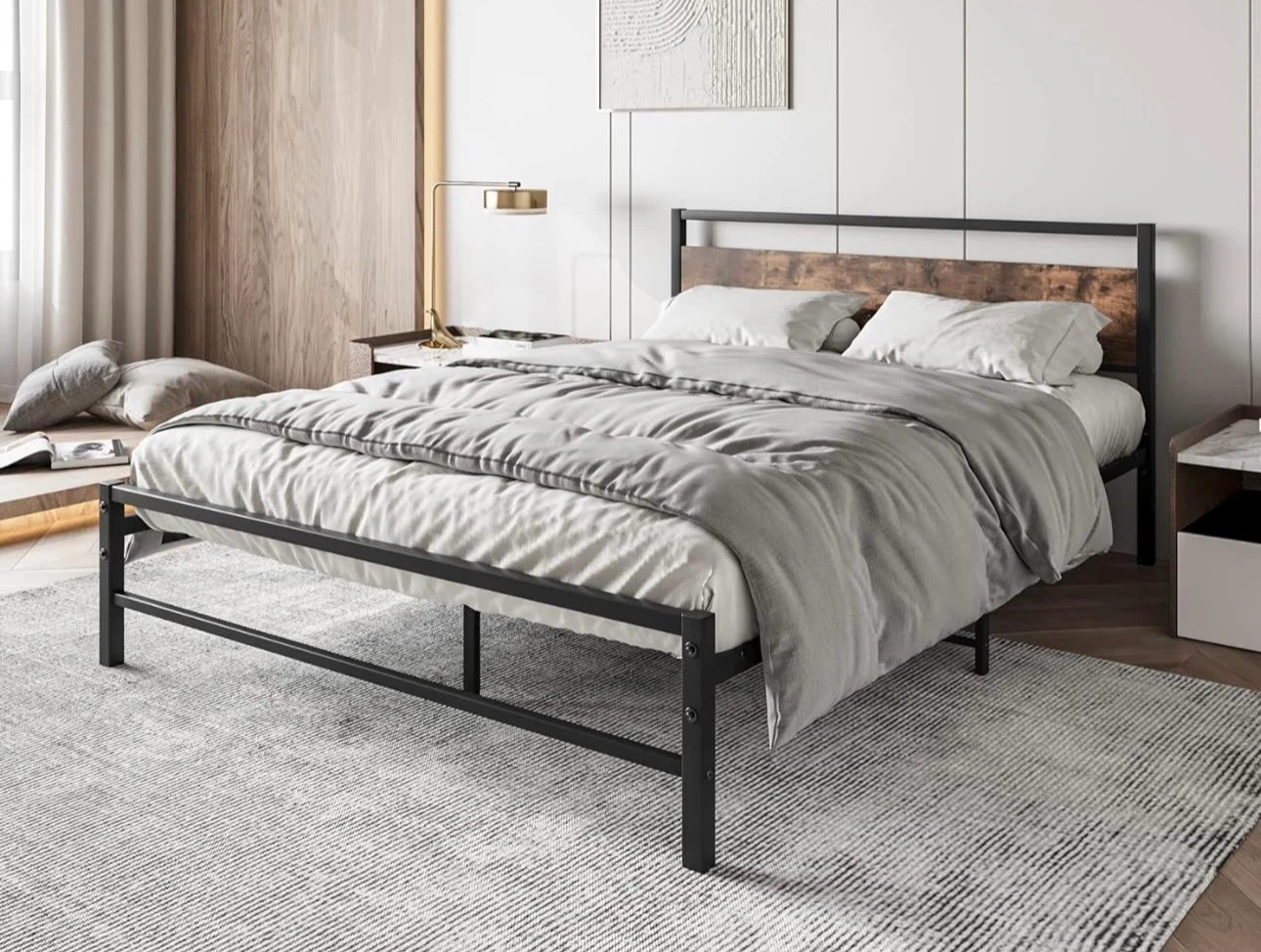 Move out: Industrial Style Metal Bed Frame with Wood Headboard - photo 5