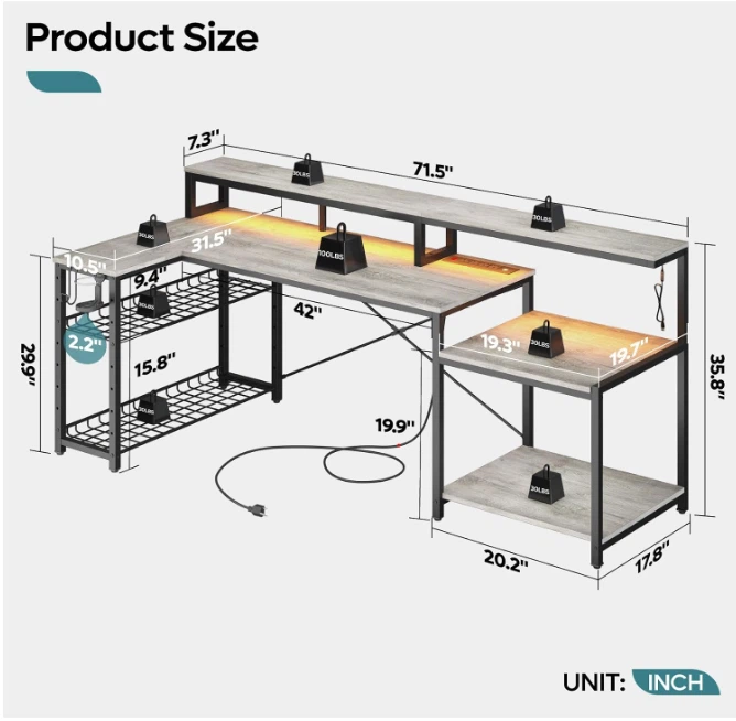 Brand New Bestier 71.5" L-Shaped Computer Desk with Power & LED - photo 2