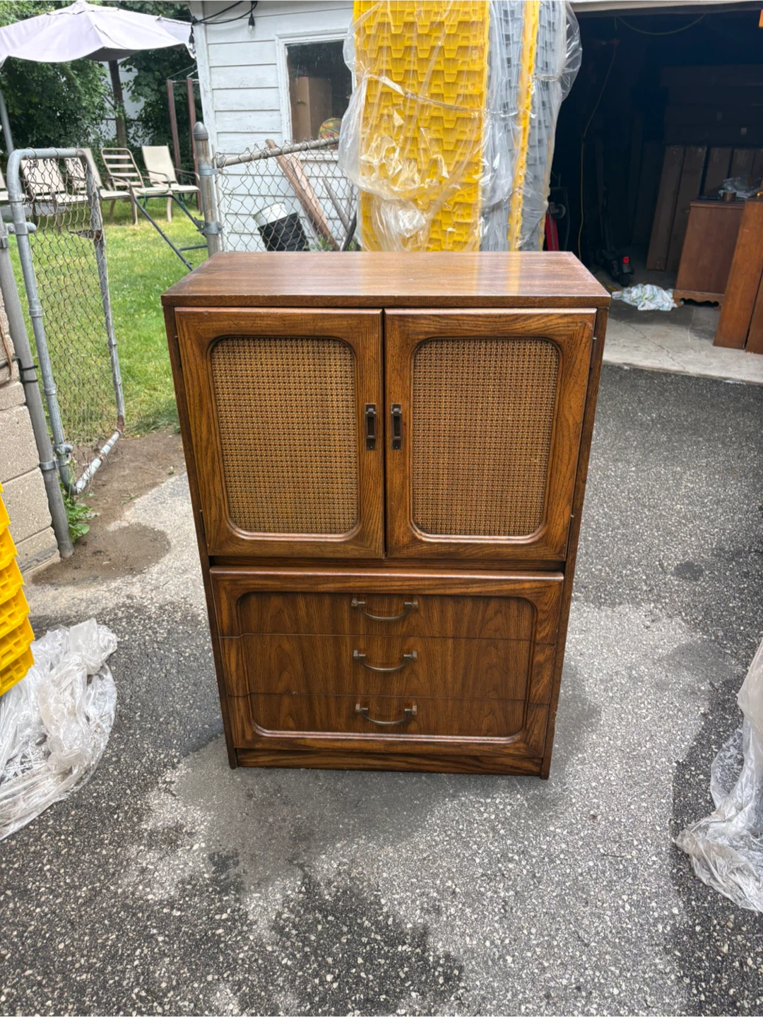 Free delivery used Vintage Wood and Cane Cabinet with Drawers
