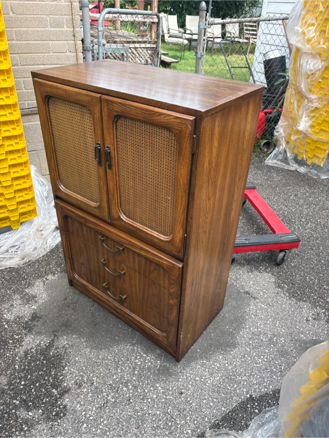 Free delivery used Vintage Wood and Cane Cabinet with Drawers - photo 2