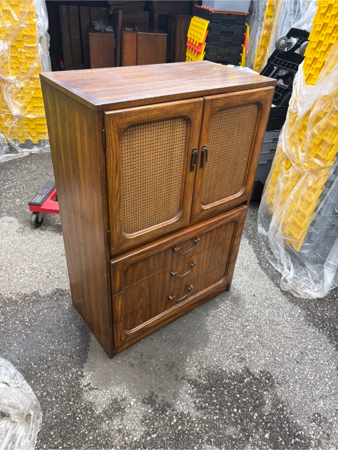 Free delivery used Vintage Wood and Cane Cabinet with Drawers - photo 3