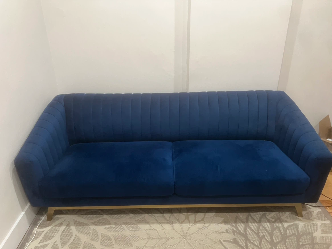 Blue Velvet Channel Tufted Sofa