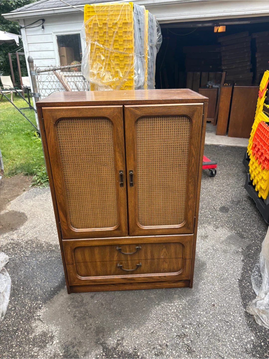 Free delivery used Vintage Wood Armoire with Cane Doors