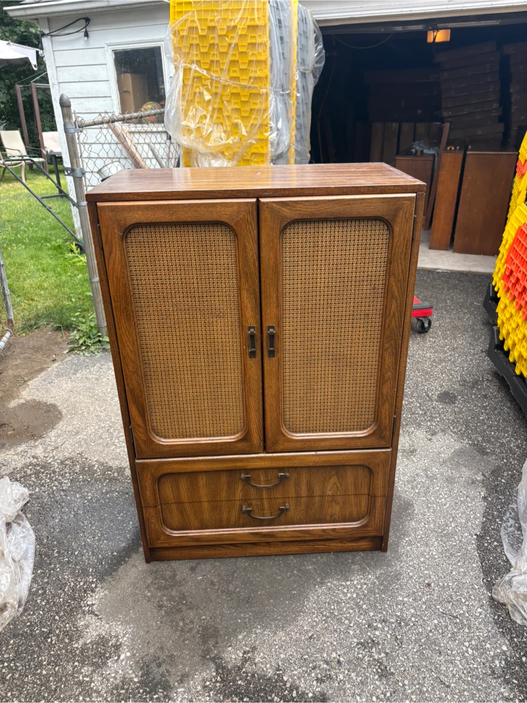 Free delivery used Vintage Wood Armoire with Cane Doors - photo 2