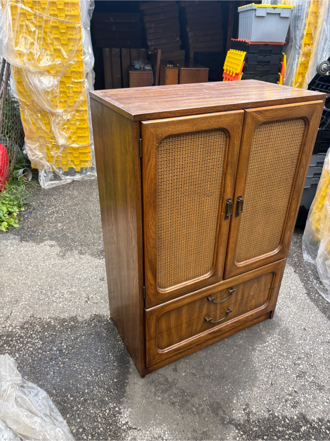 Free delivery used Vintage Wood Armoire with Cane Doors - photo 3
