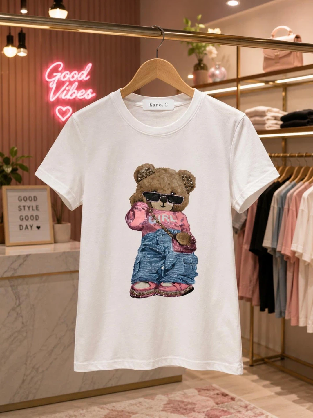 White T-Shirt with "Girl" Teddy Bear Graphic