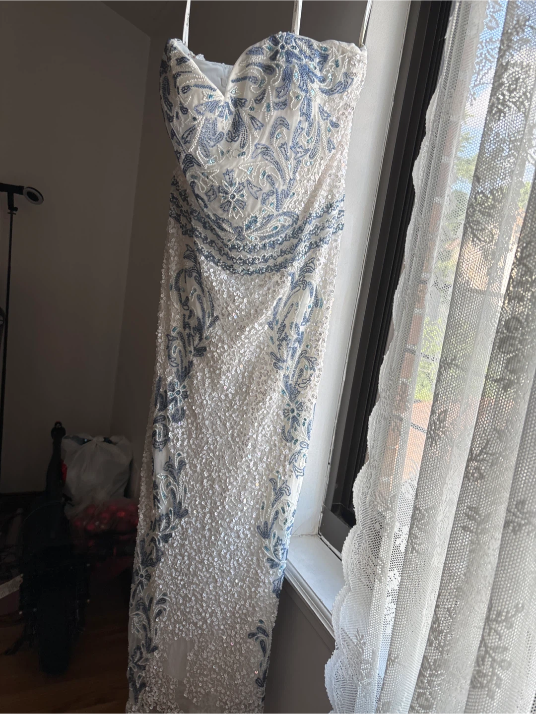 Strapless Beaded White and Blue Dress