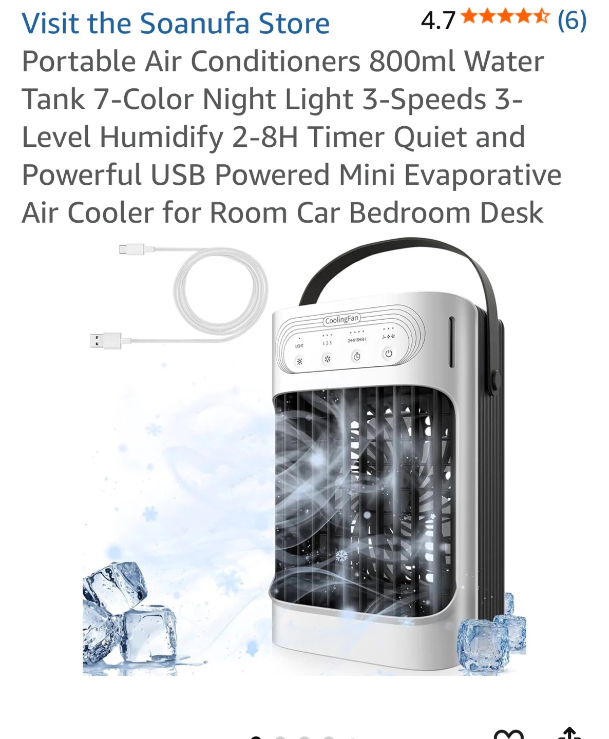 Portable Air Cooler 800ml Water Tank, 7 Color Night Light, USB