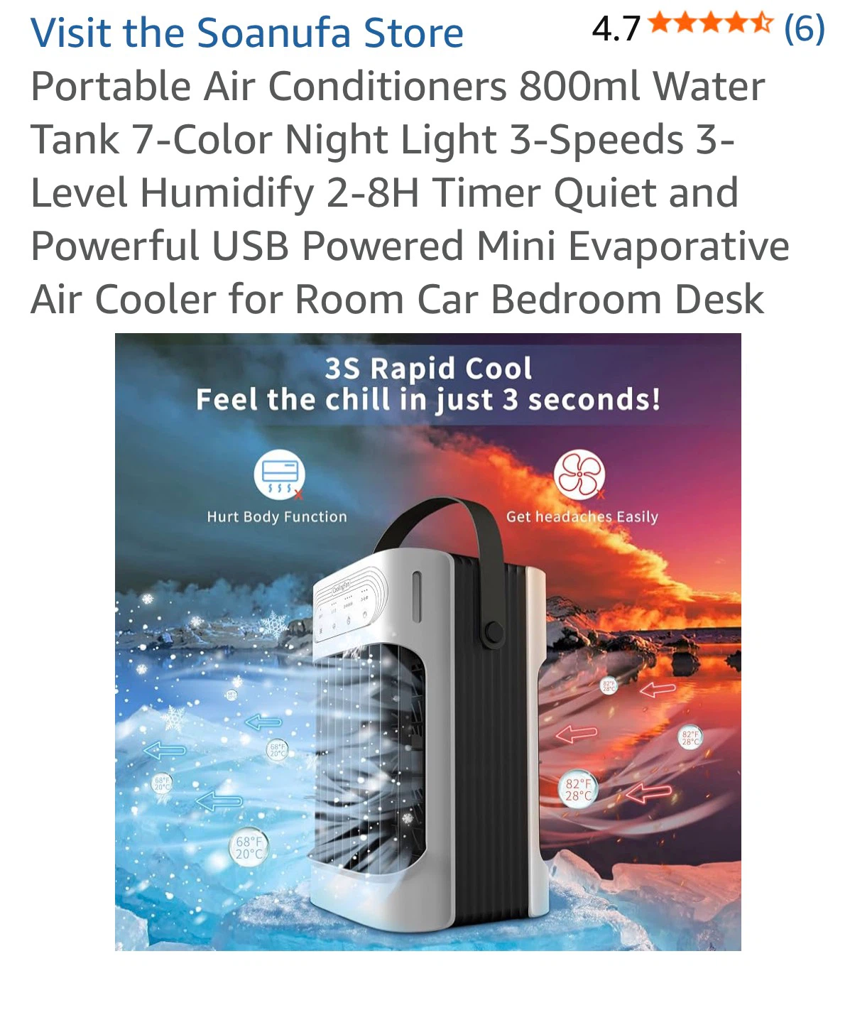 Portable Air Cooler 800ml Water Tank, 7 Color Night Light, USB - photo 2