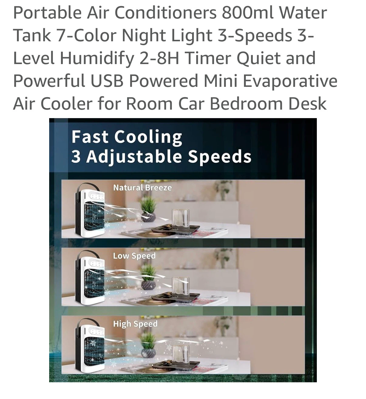 Portable Air Cooler 800ml Water Tank, 7 Color Night Light, USB - photo 3