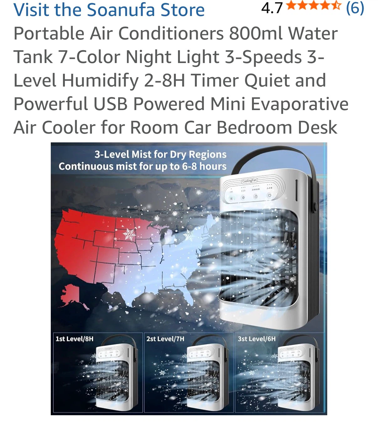 Portable Air Cooler 800ml Water Tank, 7 Color Night Light, USB - photo 4