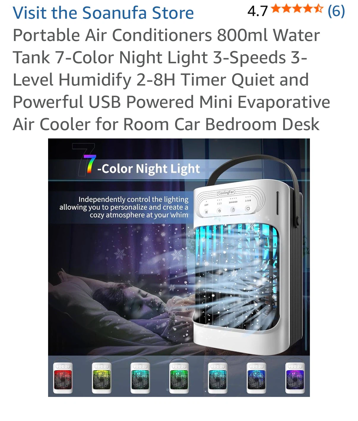 Portable Air Cooler 800ml Water Tank, 7 Color Night Light, USB - photo 5