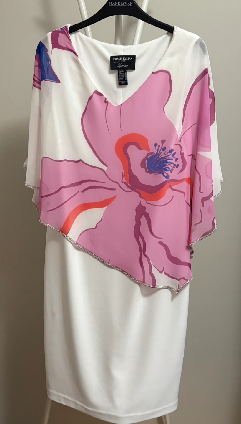 Frank Lyman Women's White Floral Overlay Dress Size 8
