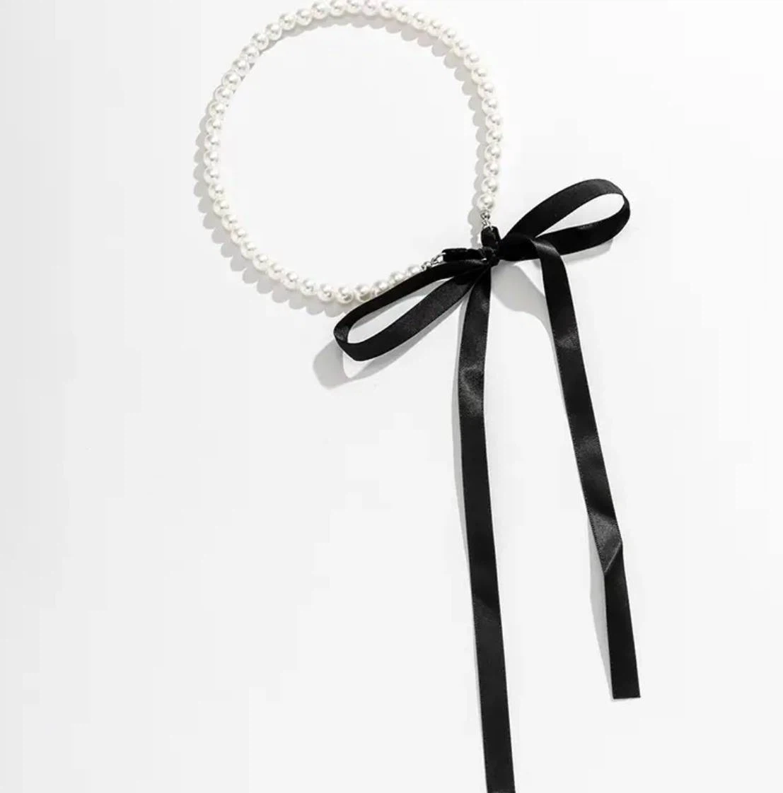 Pearl Choker Necklace with Black Ribbon Tie - photo 2