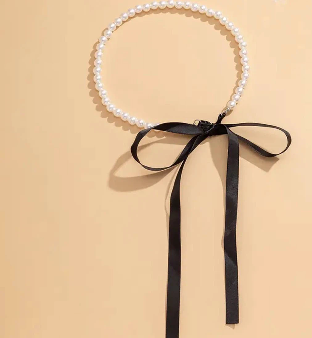 Pearl Choker Necklace with Black Ribbon Tie - photo 4
