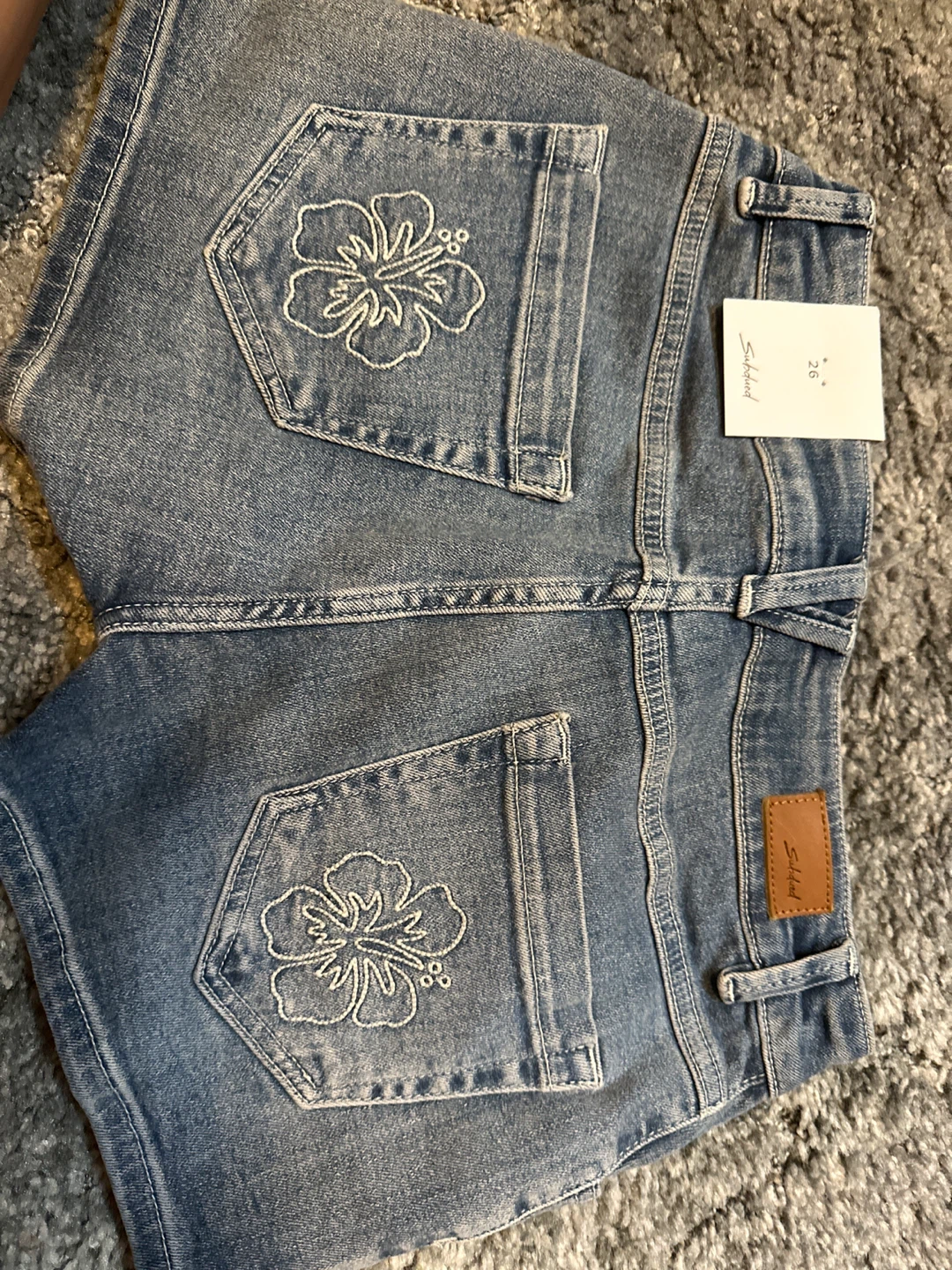 Subdued Denim Shorts with hibiscus design on back pockets - photo 3