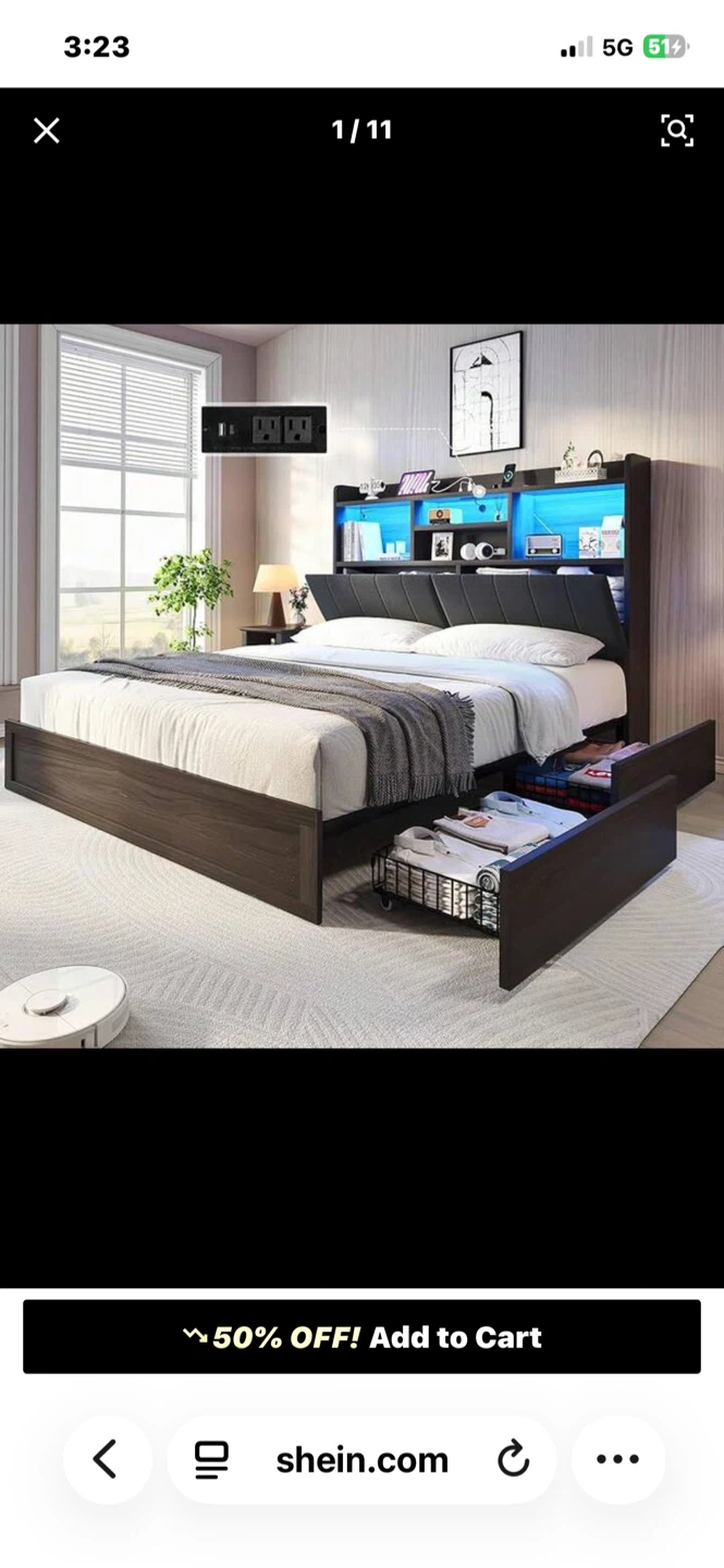 Storage Bed Frame with LED Lights and Bookcase Headboard