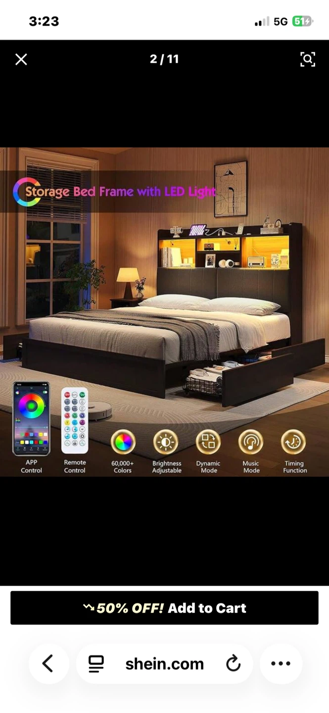Storage Bed Frame with LED Lights and Bookcase Headboard - photo 2