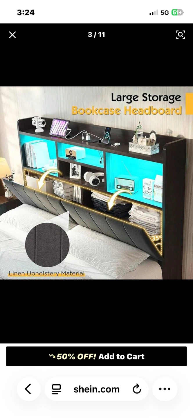 Storage Bed Frame with LED Lights and Bookcase Headboard - photo 3