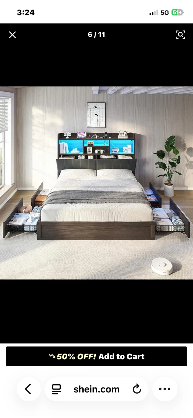Storage Bed Frame with LED Lights and Bookcase Headboard - photo 5