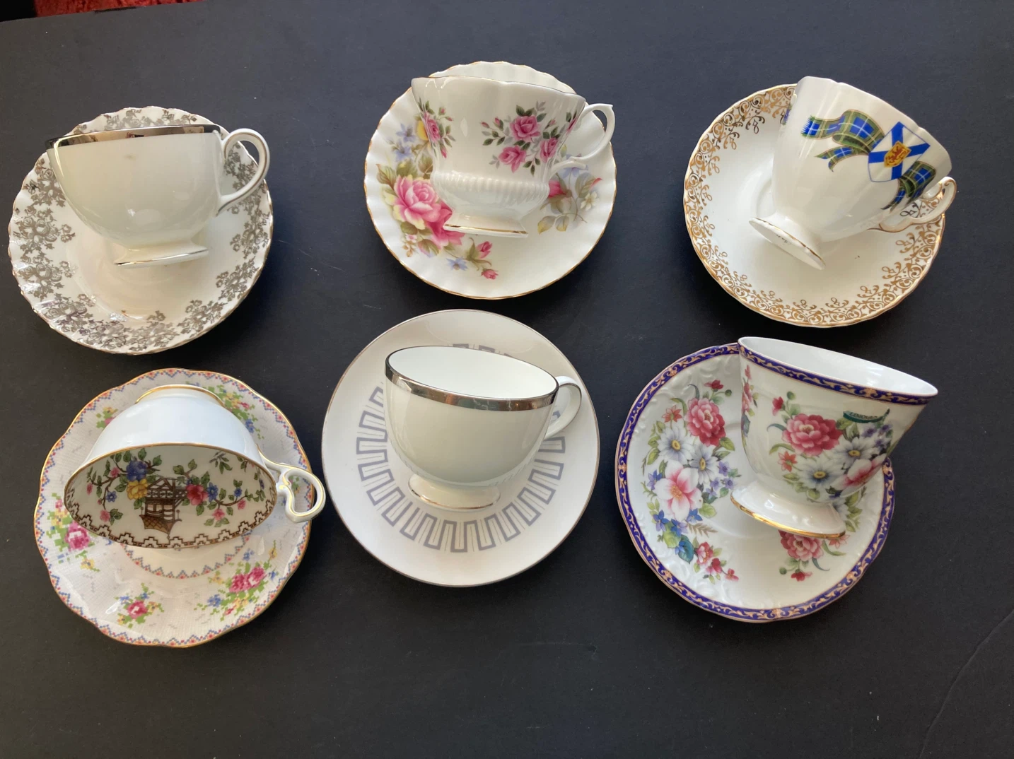 Set of 6 mismatch Vintage Teacups and Saucers