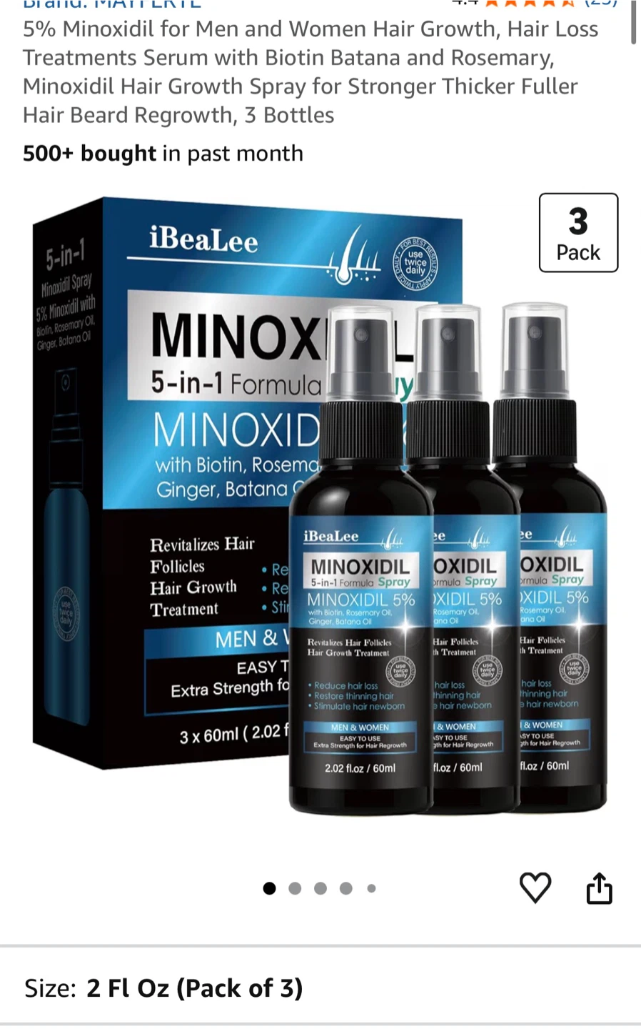iBeaLee Minoxidil 5% Hair Growth Spray, 3 Bottles