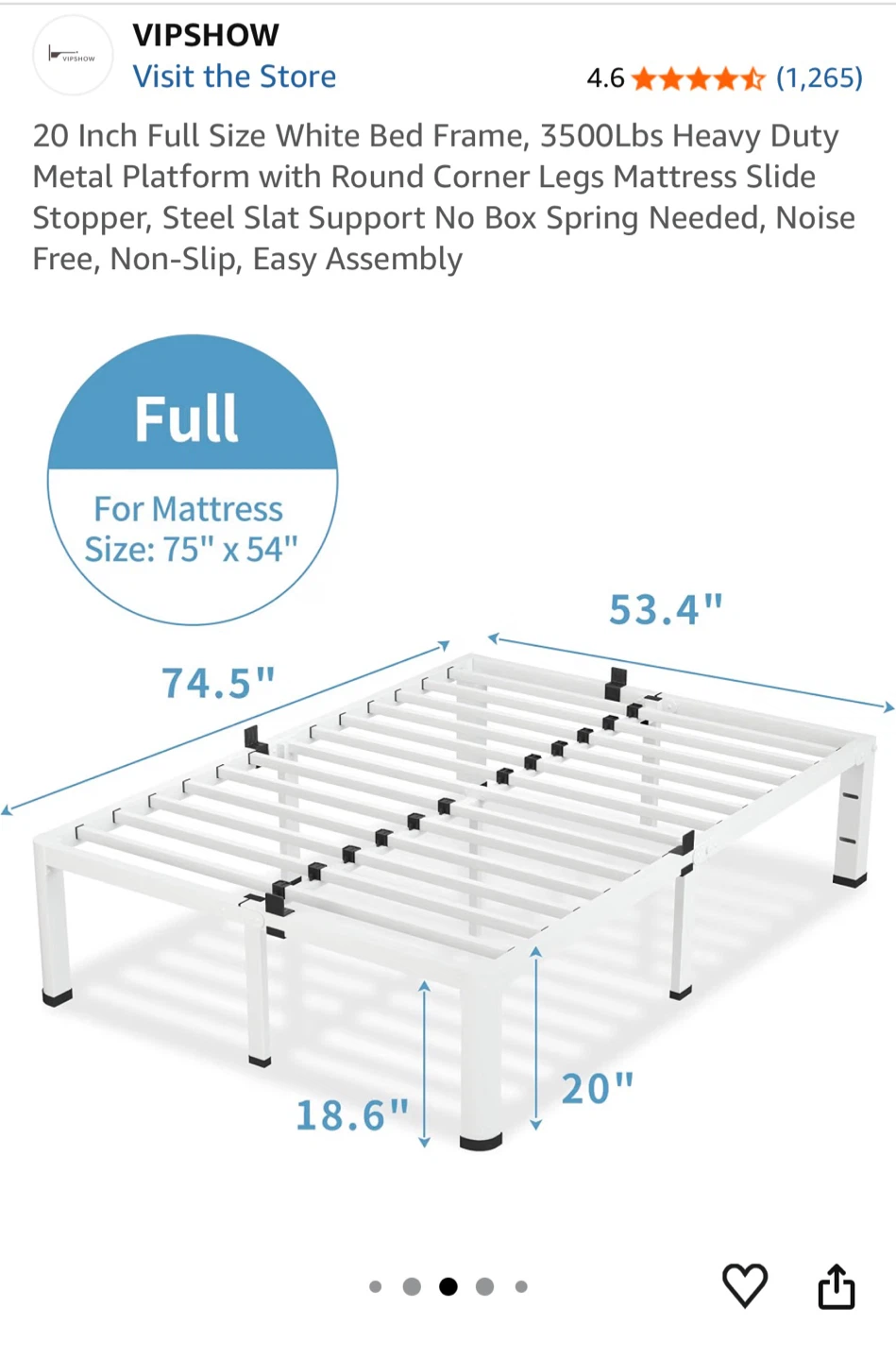 VIPSHOW Full Size White Metal Bed Frame - photo 3