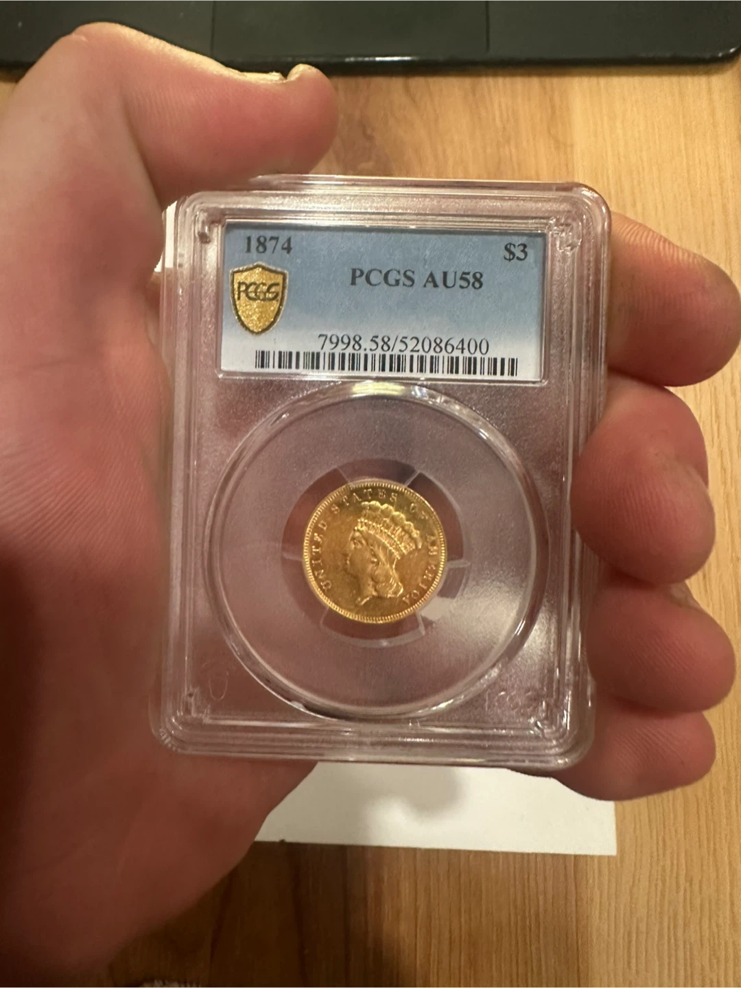 1874 PCGS AU58 $3 Gold Coin