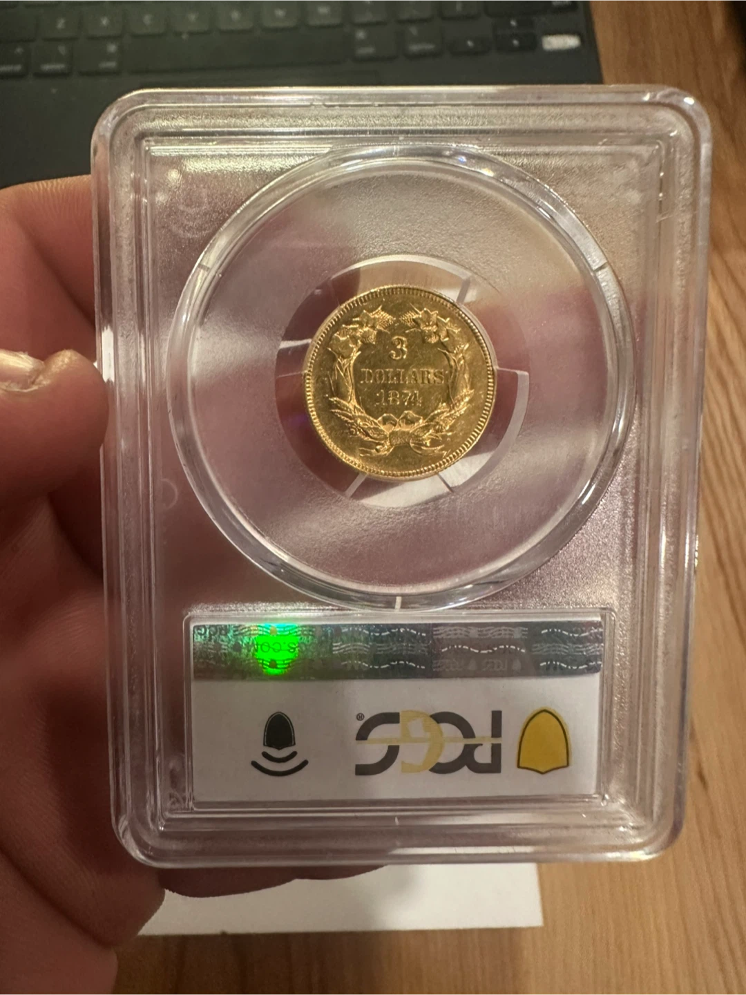 1874 PCGS AU58 $3 Gold Coin - photo 2