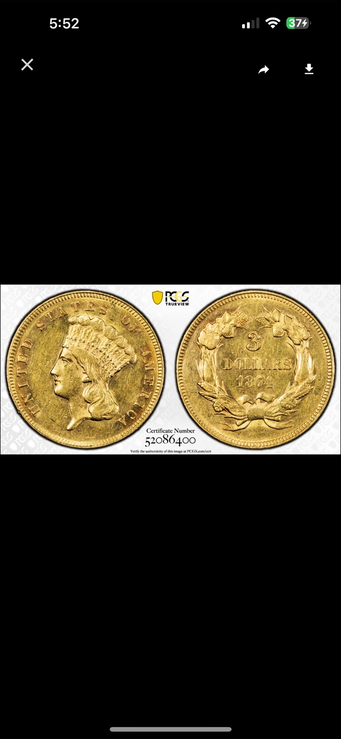 1874 PCGS AU58 $3 Gold Coin - photo 3