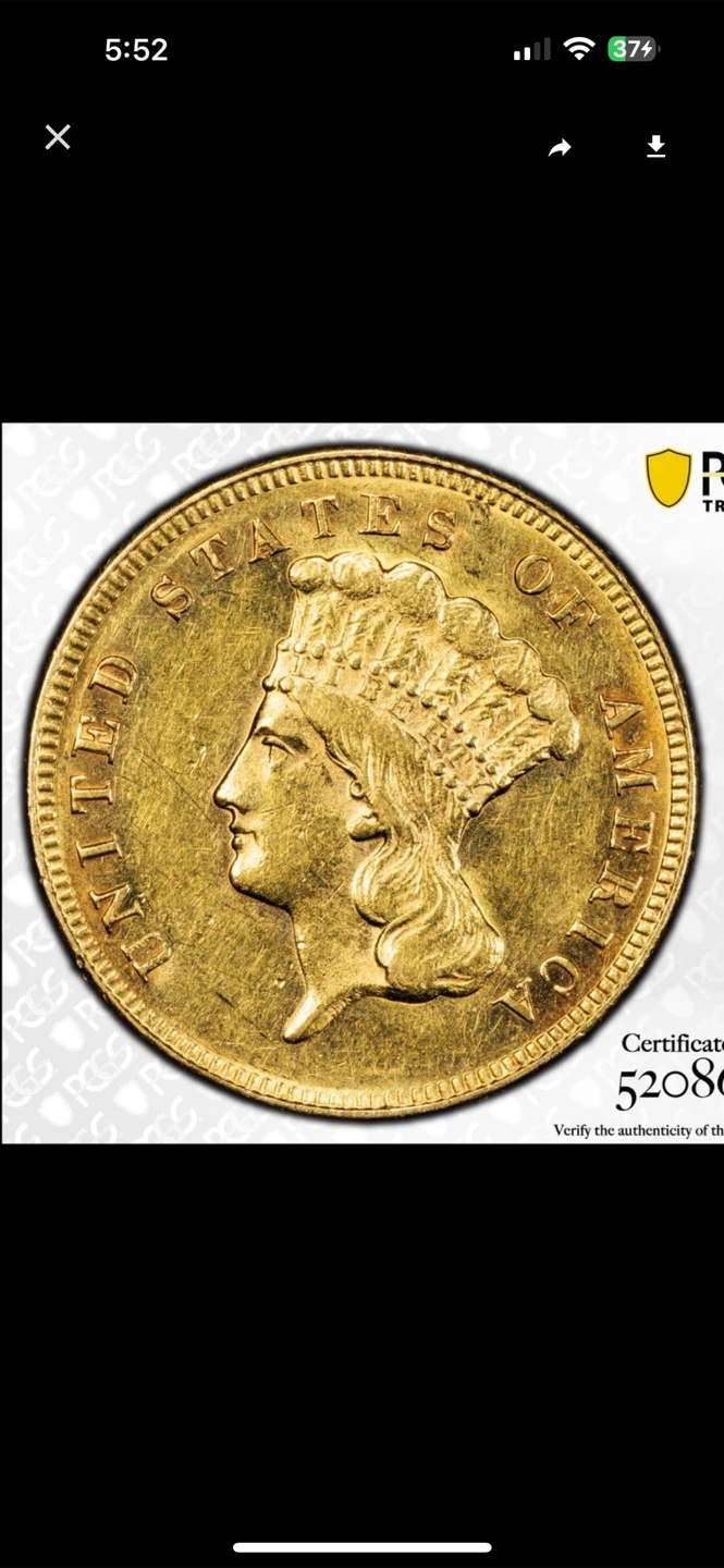 1874 PCGS AU58 $3 Gold Coin - photo 4