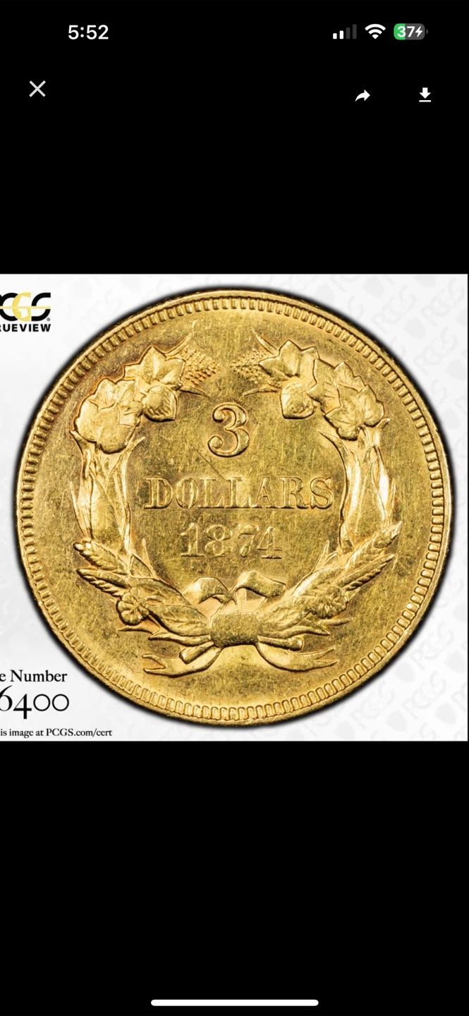 1874 PCGS AU58 $3 Gold Coin - photo 5