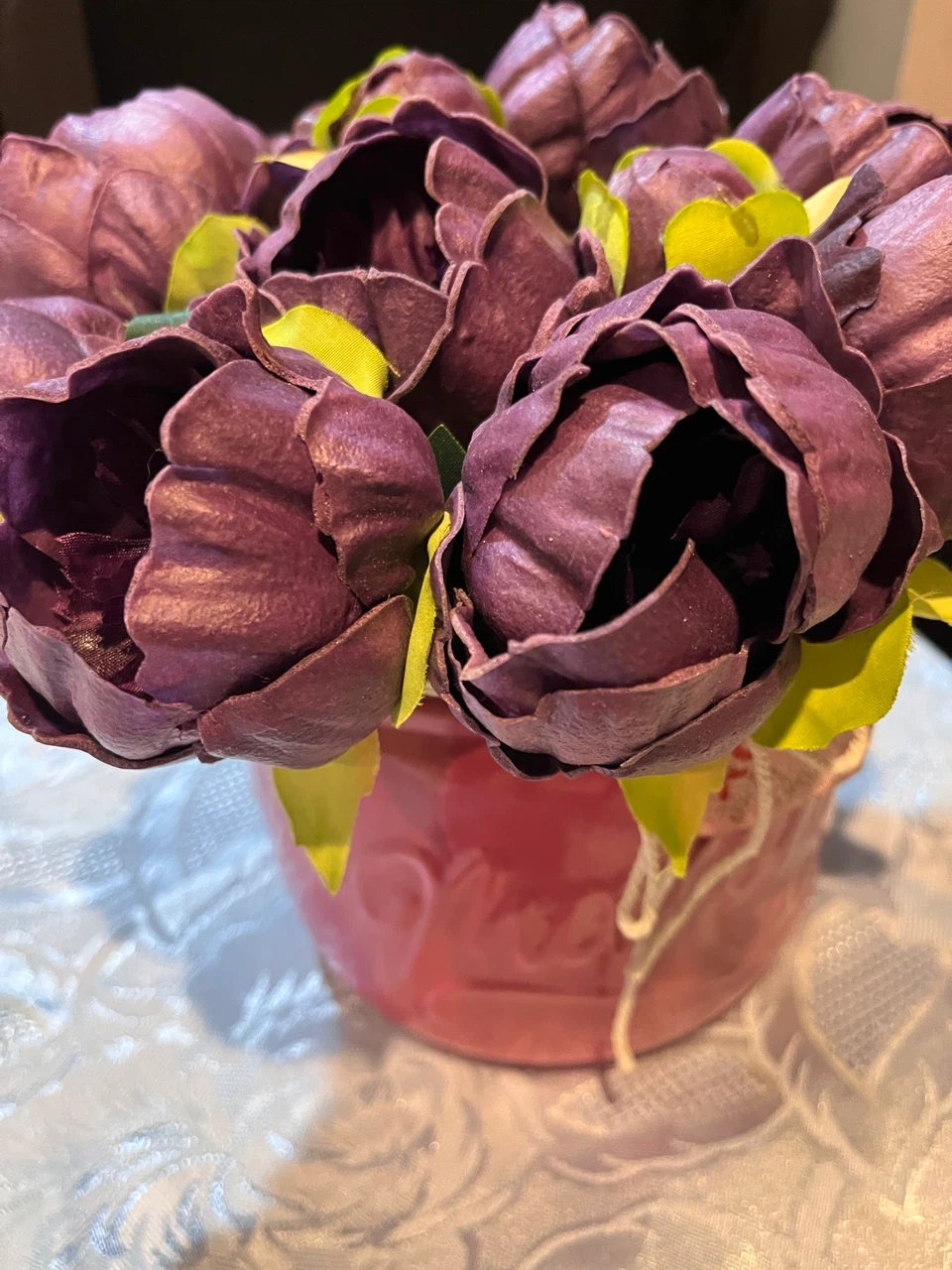 Purple Faux Flower Arrangement in Red Vase - photo 3