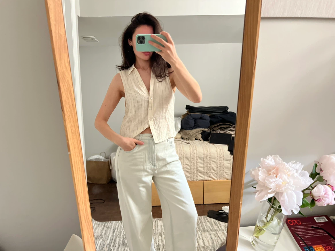 H&M Linen Blend Sleeveless Striped Button-Up Top