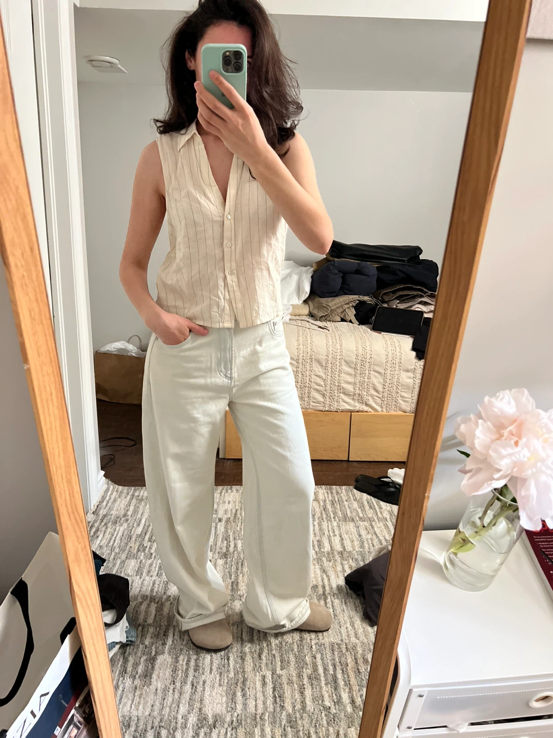 H&M Linen Blend Sleeveless Striped Button-Up Top - photo 2