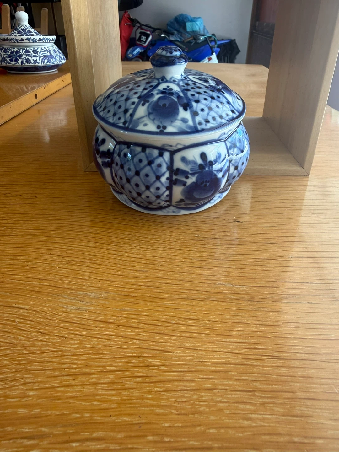 Handmade Blue and White Floral Ceramic Sugar Pot with Lid