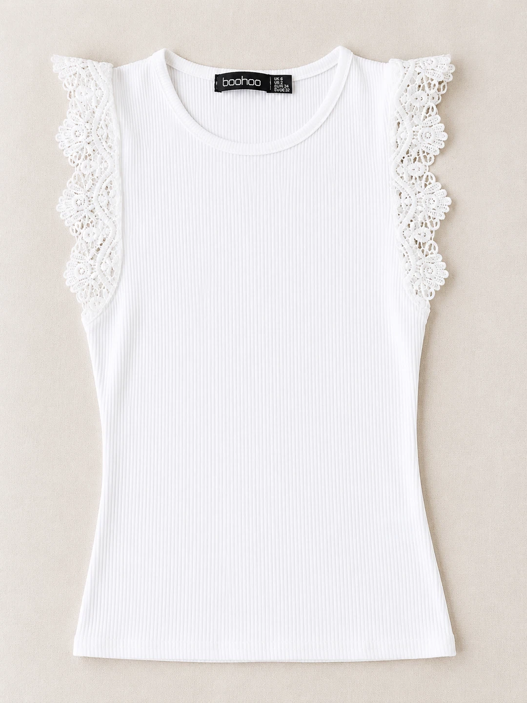 Boohoo White Ribbed Lace Trim Tank Top - Small