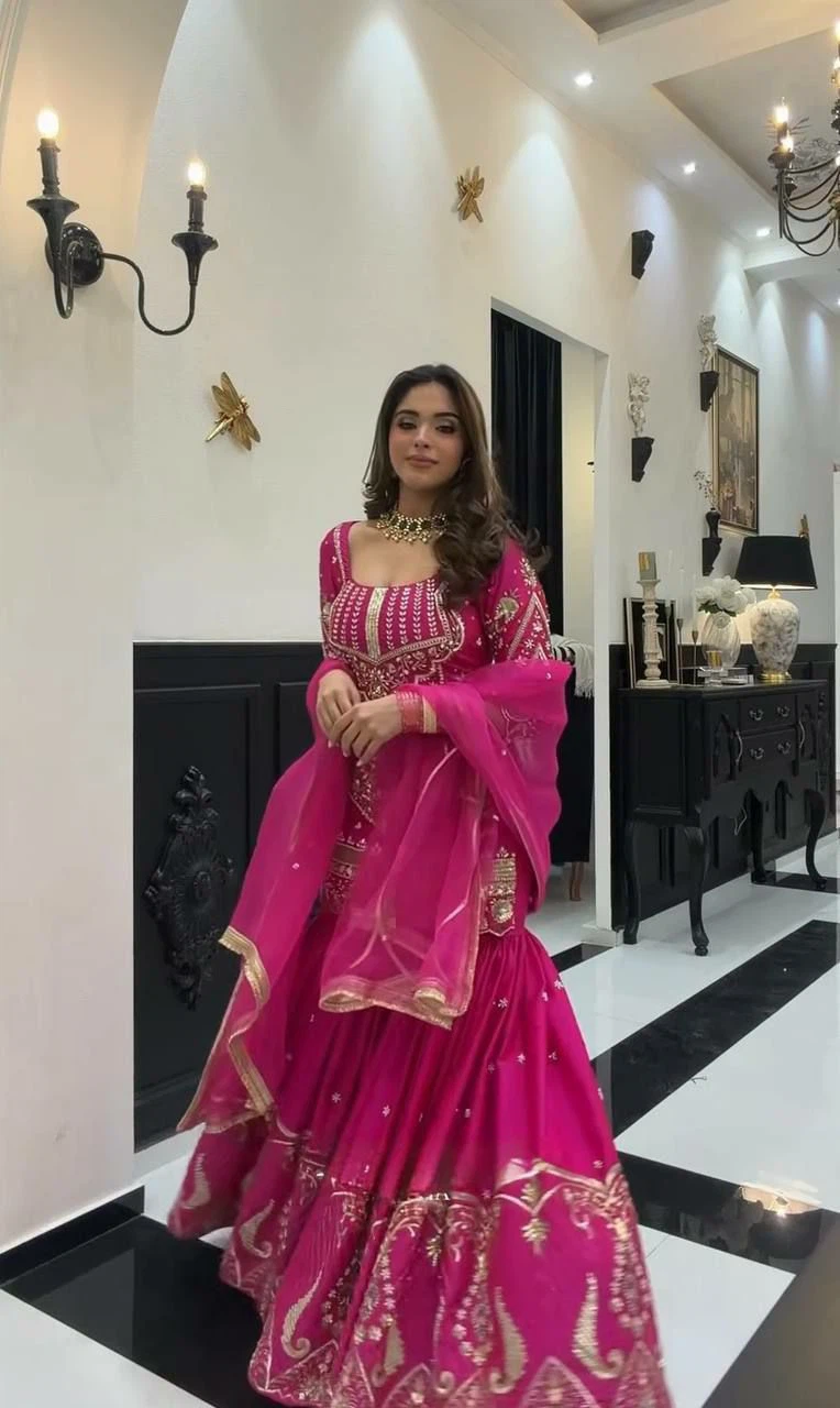Pink Embroidered Sharara Suit with Dupatta - photo 2