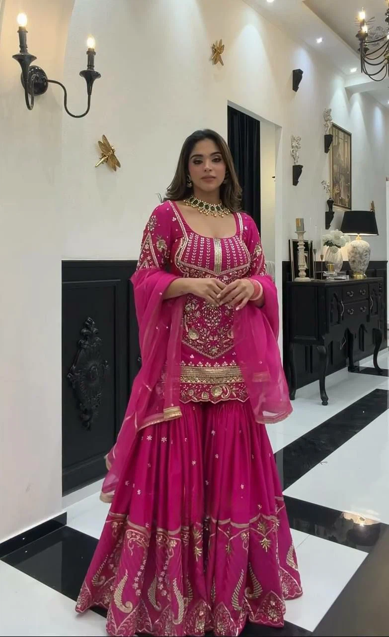 Pink Embroidered Sharara Suit with Dupatta - photo 3