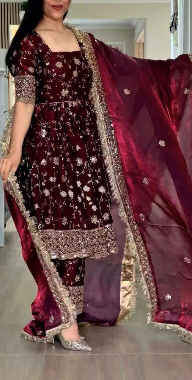 Women's Embroidered Kurta and Pants Set with Dupatta