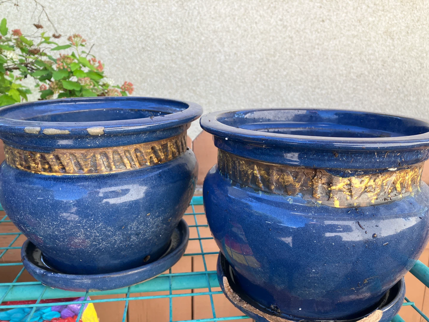 Blue Ceramic Planters with Saucers