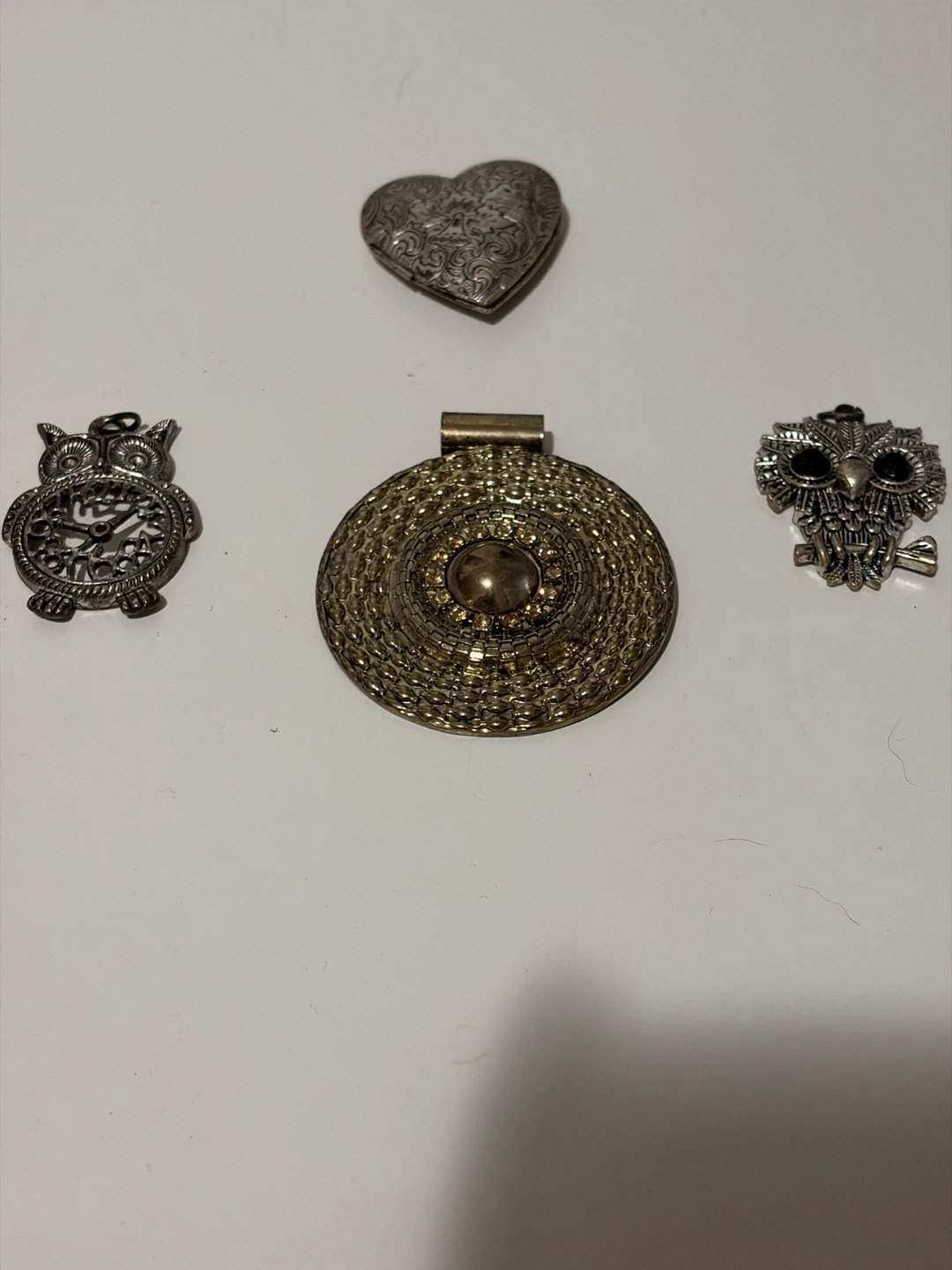 Collection of 4 Pendants: 2x Owl, Heart locket, Ornate Round
