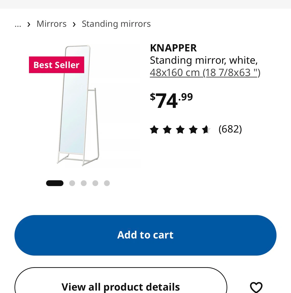 IKEA Standing Mirror, White, 48x160 cm
