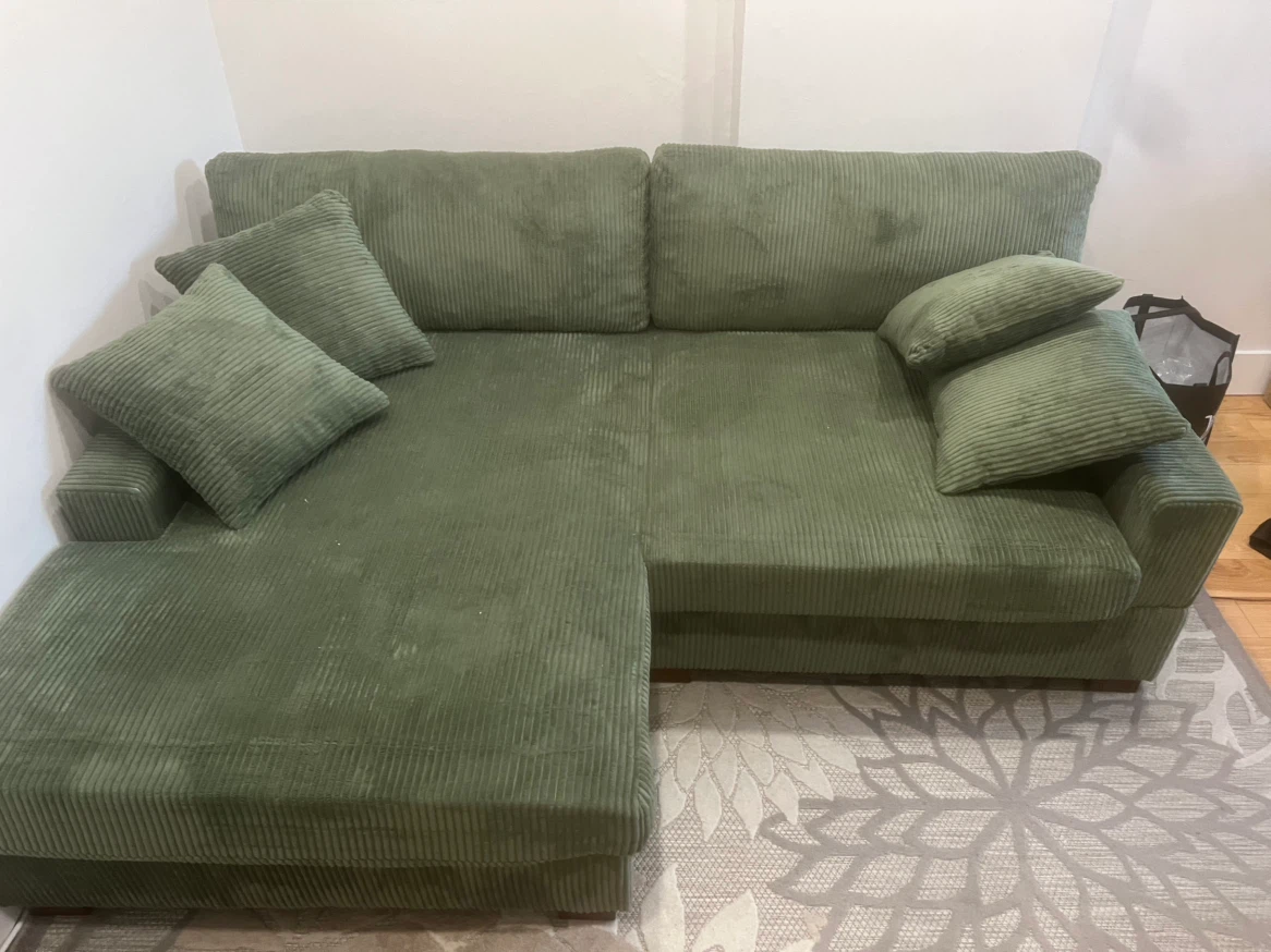 Green Corduroy Sectional Sofa with Chaise